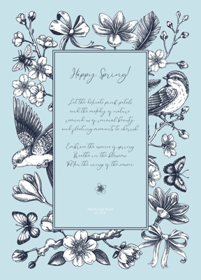 Rococo spring background. Hand-drawn flowers, flying birds, blooming cherry vector illustration sketch. Vintage frame, book cover, greeting card. NOT AI generated